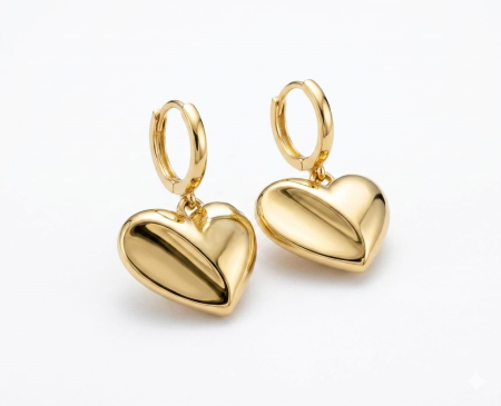Cercei aur 14k - Cercei din Aur Galben 14K cu Inimă 3D Bombată | Model Puffy Heart Drop