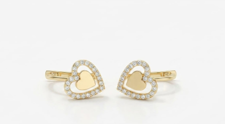 Cercei aur 14k copii - Cercei din Aur Galben 14K cu Inimă în Inimă Pavată cu Cristale Zirconia, 16 mm, 1.83 g