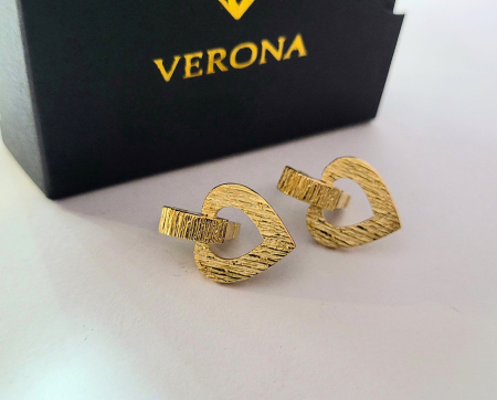 Cercei aur 14k - Cercei din Aur Galben 14K cu Inimioare Decupate și Textură Striată – Eleganță Romantică cu Accent Texturat