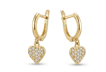Cercei aur 14k copii - Cercei din Aur Galben 14K cu Inimioare Pavate cu Zirconiu, 2.2 cm – 2.00 g