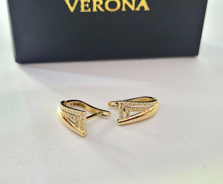 Cercei aur 14k - Cercei din Aur Galben 14K cu Linii Curbate și Pavaj de Cristale – Design Fluid și Eleganță Modernă