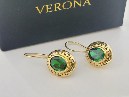 Cercei aur 14k - Cercei din Aur Galben 14K cu Model Grecesc și Cristal Verde-Smarald