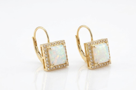 Cercei aur 14k - Cercei din Aur Galben 14K cu Piatră de Opal și Zirconiu | Colecția VERONA Square Halo