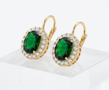 Cercei aur 14k - Cercei din Aur Galben 14K cu Piatră Ovală Verde Smarald și Halo de Cristale