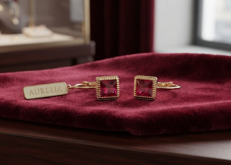 Cercei aur 14k copii - Cercei din Aur Galben 14K cu Piatră Pătrată Roșu-Rubin – Eleganță Regală