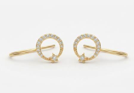 Cercei aur 14k copii - Cercei din Aur Galben 14K cu Semilună, Steluță și Zirconii, Model Cârlig 2 cm, 1.00g