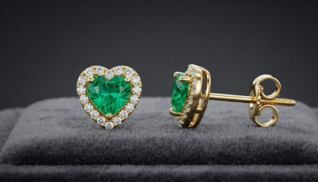 CERCEI AUR 14K CU DIAMANT NATURAL - Cercei din Aur Galben 14K cu Smarald Inimă 0.47 CT și Halo de Diamante Naturale 0.18 CT