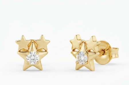 bijuterii aur - Cercei din Aur Galben 14K cu Șurub – Model Constelație / Trei Stele cu Cristal Central (1.26g)