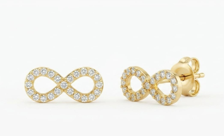 bijuterii aur - Cercei din Aur Galben 14K cu Șurub – Model Infinit Pavat cu Cristale Zirconia (1.00g)