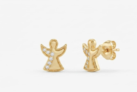 bijuterii aur - Cercei din Aur Galben 14K cu Șurub – Model Îngeraș Semipavat cu Cristale Zirconia (1.05g)