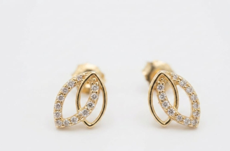 Cercei aur 14k surub - Cercei din Aur Galben 14K cu Șurub – Model Linii Curbe Împletite cu Cristale Zirconia (1.17g)