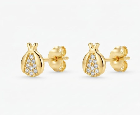 bijuterii aur - Cercei din Aur Galben 14K cu Șurub – Model Rodie/Amuletă Norocoasă cu Cristale (1.00g)