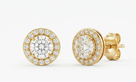 Cercei aur 14k surub - Cercei din Aur Galben 14K cu Șurub – Model Rotund Halo Solitaire cu Cristale (1.81g)