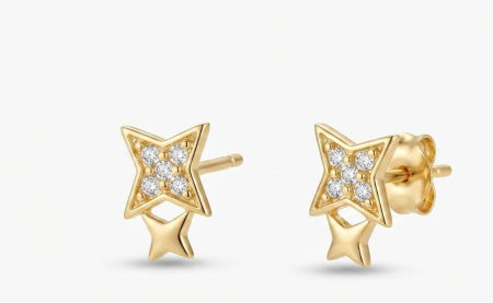 bijuterii aur - Cercei din Aur Galben 14K cu Șurub – Model Stea Dublă cu Cristale Zirconia (0.88g)