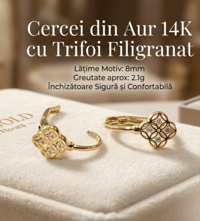 Cercei aur 14k copii - Cercei Din Aur Galben 14K Cu Trifoi Filigranat Și Zirconiu