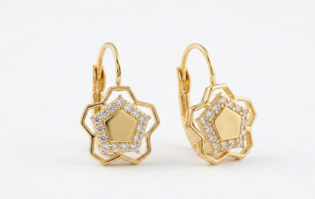 Cercei aur 14k copii - Cercei din Aur Galben 14K cu Zirconiu | Model Floare Geometrică