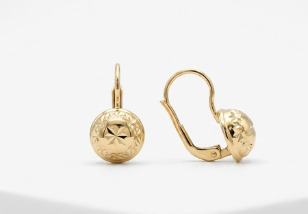Cercei aur 14k copii - Cercei din Aur Galben 14K Diamantați | Model Sferic cu Finisaj Kalem | 1.50 g, 14 mm