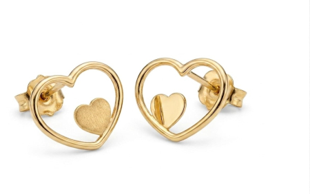 Cercei aur 14k surub - Cercei din Aur Galben 14K "Dual Heart" – Textură Mată și Lucioasă