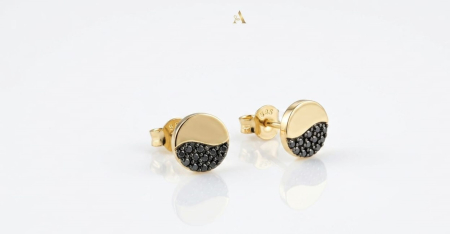 Cercei aur 14k surub - Cercei din Aur Galben 14K "Eclipse Balance" – Model Yin & Yang Reinterpretat cu Zirconia Negru