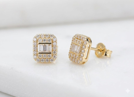 Cercei aur 14k surub - Cercei din Aur Galben 14K "Emerald Cut Halo" – Design Art Deco cu Cristale Baguette