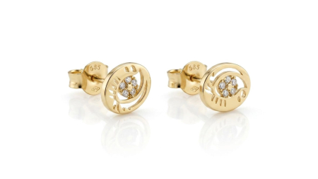 Cercei aur 14k surub - Cercei din Aur Galben 14K „Evil Eye” cu Detalii Decupate și Zirconiu