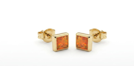 Cercei aur 14k copii - Cercei din Aur Galben 14K "Fiery Square" – Minimalist cu Opal Portocaliu