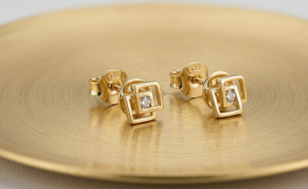 Cercei aur 14k surub - Cercei din Aur Galben 14K "Geometric Labyrinth" cu Zirconia Central