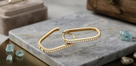 Cercei aur 14k - Cercei din Aur Galben 14K Geometric Link – Zale Alungite cu Pavé de Zirconi