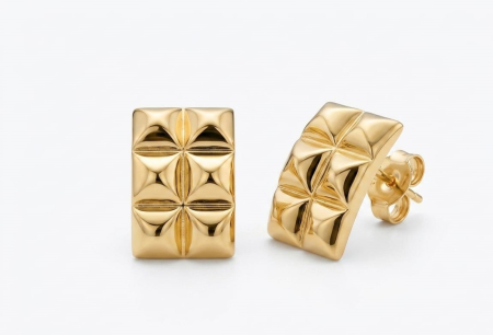 Cercei aur 14k surub - Cercei din Aur Galben 14K Geometrici | Model Dreptunghiular 3D cu Piramide