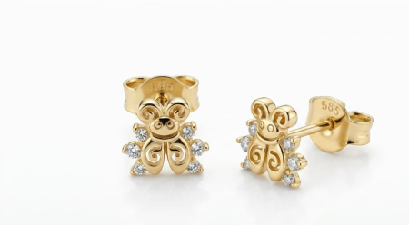 Cercei aur 14k surub - Cercei din Aur Galben 14K "Glow Bug" – Model Jucăuș cu Detalii Filigranate și Zirconia