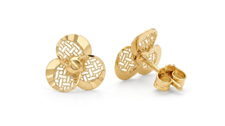 Cercei aur 14k surub - Cercei din Aur Galben 14K "Golden Tri-Foil" – Model Floral cu Textură Filigranată și Diamantată
