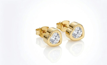 Cercei aur 14k surub - Cercei din Aur Galben 14K "Heart Solitaire Bezel" – Eleganță Romantică cu Zirconia Central