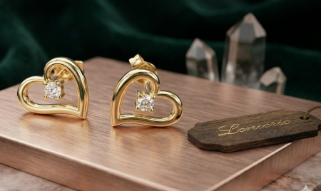 Cercei aur 14k surub - Cercei din Aur Galben 14K "Heart Solitaire" – Model Inimă Fluidă cu Zirconia Central