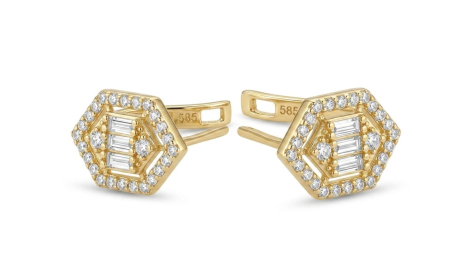 Cercei aur 14k copii - Cercei Din Aur Galben 14K Hexagonali Cu Zirconiu Baghetă Și Briliant