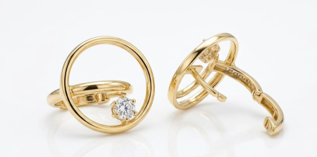 Cercei aur 14k - Cercei din Aur Galben 14K în Formă de Cerc cu Cristal Solitaire Suspendat