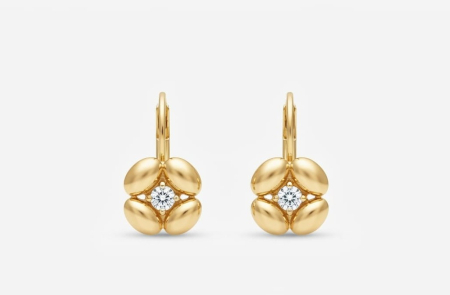 Cercei aur 14k - Cercei din Aur Galben 14K în Formă de Floare cu Piatră Centrală, Model Tortiță 2 cm, 2.15g