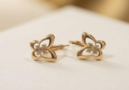 Cercei aur 14k - Cercei din Aur Galben 14K în Formă de Fluture / Floare cu Centru Strălucitor