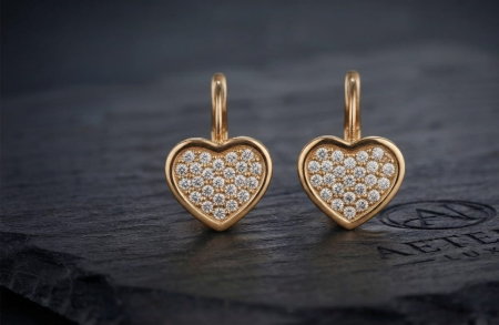 Cercei aur 14k - Cercei din Aur Galben 14K în Formă de Inimă cu Pavaj Dens de Cristale, 18 mm – 2.67 g