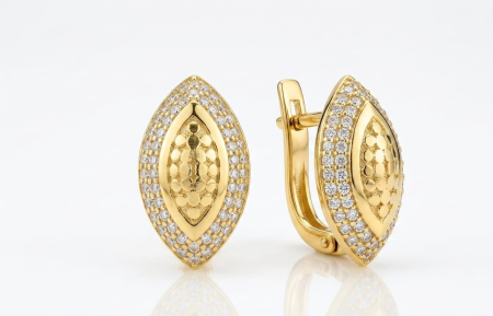 Cercei aur 14k - Cercei din Aur Galben 14K în Formă de Marchiză | Model Navetă cu Pavaj Zirconiu
