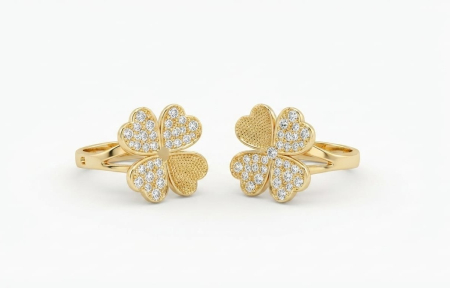 Cercei aur 14k - Cercei din Aur Galben 14K în Formă de Trifoi cu Zirconiu (16 mm)