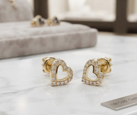 bijuterii aur - Cercei din Aur Galben 14K Inimă Decupată cu Zirconia | Închidere cu Filet (1.13 gr)