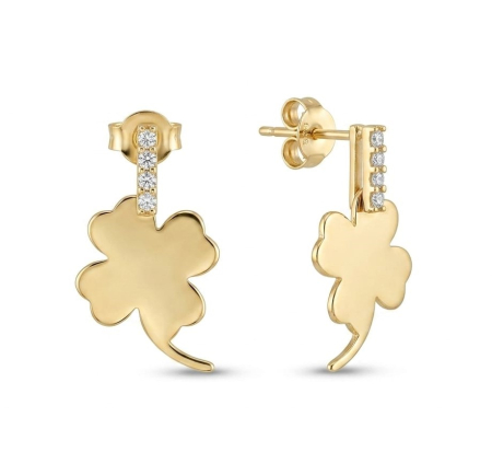 Cercei aur 14k surub - Cercei din Aur Galben 14K "Lucky Clover" cu Pendul și Zirconia