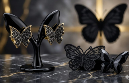 Cercei aur 14k surub - Cercei din Aur Galben 14K "Midnight Butterfly" cu Pavé de Zirconia Negru