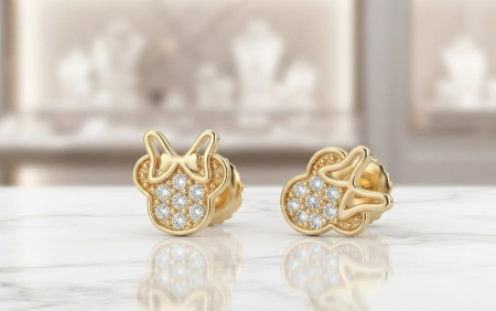 bijuterii aur - Cercei din Aur Galben 14K Minnie Mouse cu Zirconia | Închidere cu Filet (1.15 gr)