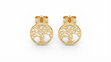 Cercei aur 14k surub - Cercei din Aur Galben 14K, Model Copacul Vieții (Tree of Life) cu Decupaje Laser, 0.83 g