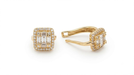 Cercei aur 14k - Cercei din Aur Galben 14K, Model Dreptunghiular cu Mozaic din Baghete și Pavaj Zirconiu, 17 mm, 2.56 g