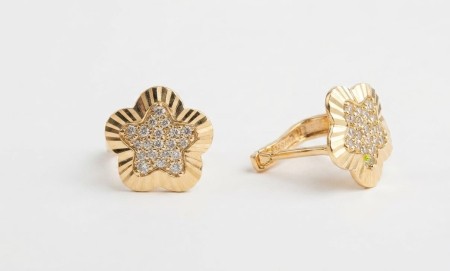 Cercei aur 14k - Cercei din Aur Galben 14K, Model Floare cu Stea Centrală Pavată și Striații Diamantate, 15 mm, 2.45 g