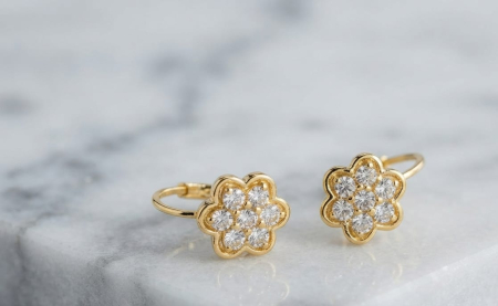 Cercei aur 14k - Cercei din Aur Galben 14K Model Floare în Pavaj de Cristale – 16mm (2.65 gr)