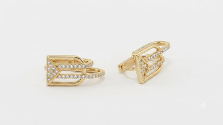 Cercei aur 14k - Cercei din Aur Galben 14K, Model Geometric Stilizat cu Zirconiu, 2 cm, 3.06 g