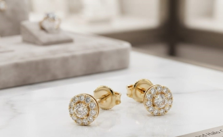 bijuterii aur - Cercei din Aur Galben 14K Model Halo Rotund cu Zirconia | 0.9 gr